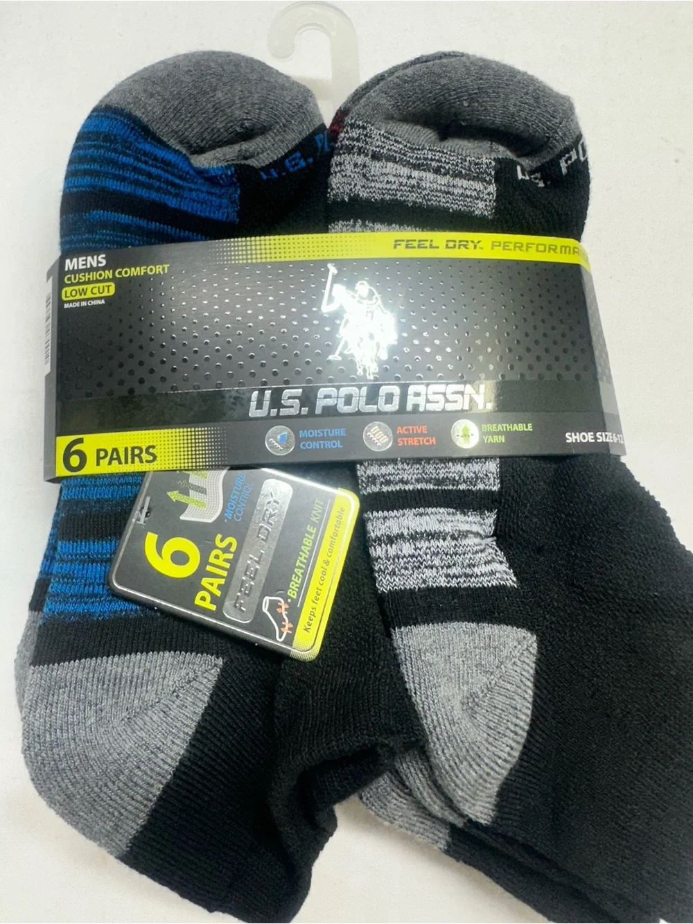 U.S. Polo Assn. Men’s Low-Cut Athletic Socks - Black, Gray & Blue (6 Pairs)
